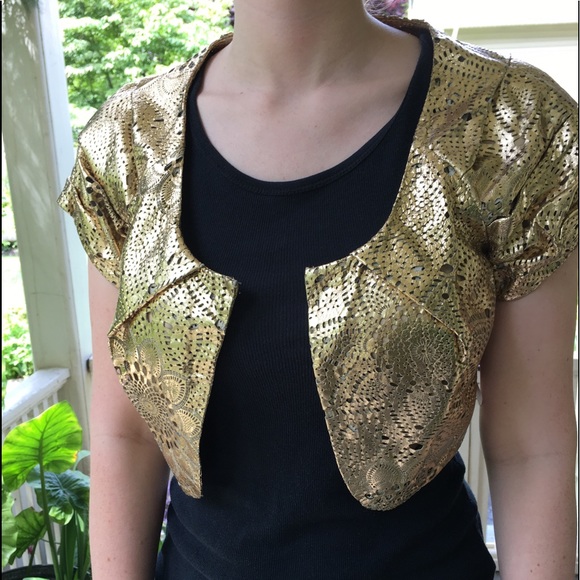 NEIMAN MARCUS GOLD LEATHER CARVED MINI JACKET - Picture 3 of 7